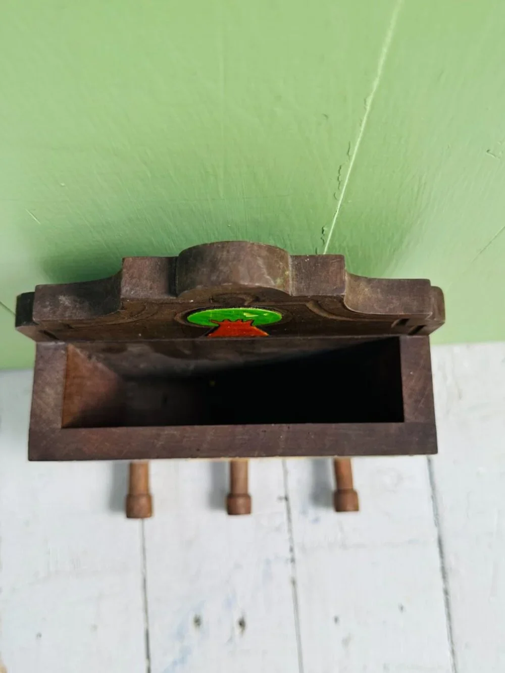 Vintage El Salvador Folk Art Wooden Key Holder Hand Painted Wall Rack